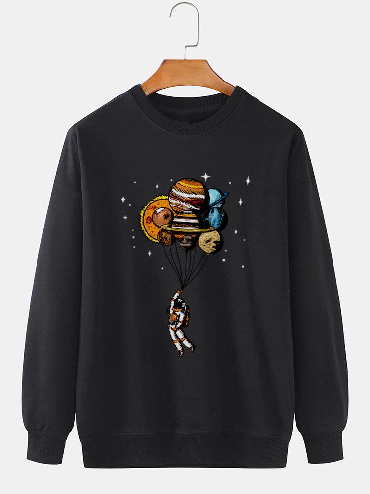 Miesten Sarjakuva Planets Astronaut Print Crew Neck Pullover Puuvillainen Collegepaita