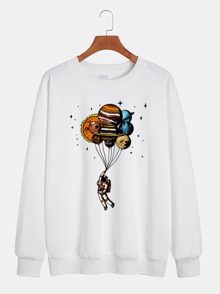 Miesten Sarjakuva Planets Astronaut Print Crew Neck Pullover Puuvillainen Collegepaita