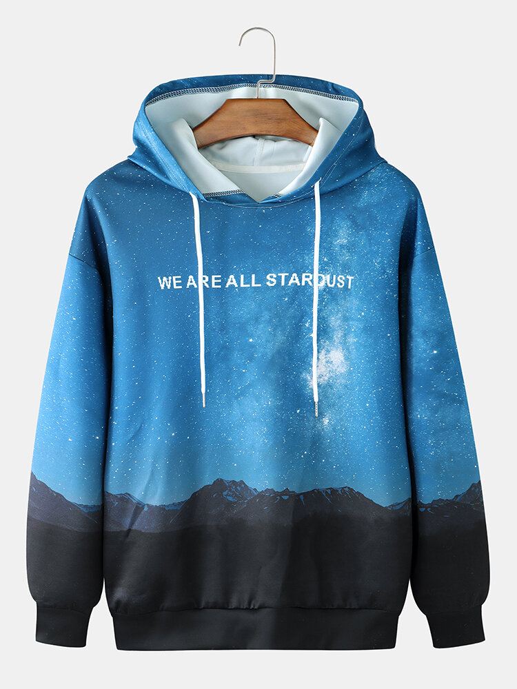 Miesten Slogan Night Scenery Print Casual Pullover Kiristysnyörillinen Huppari