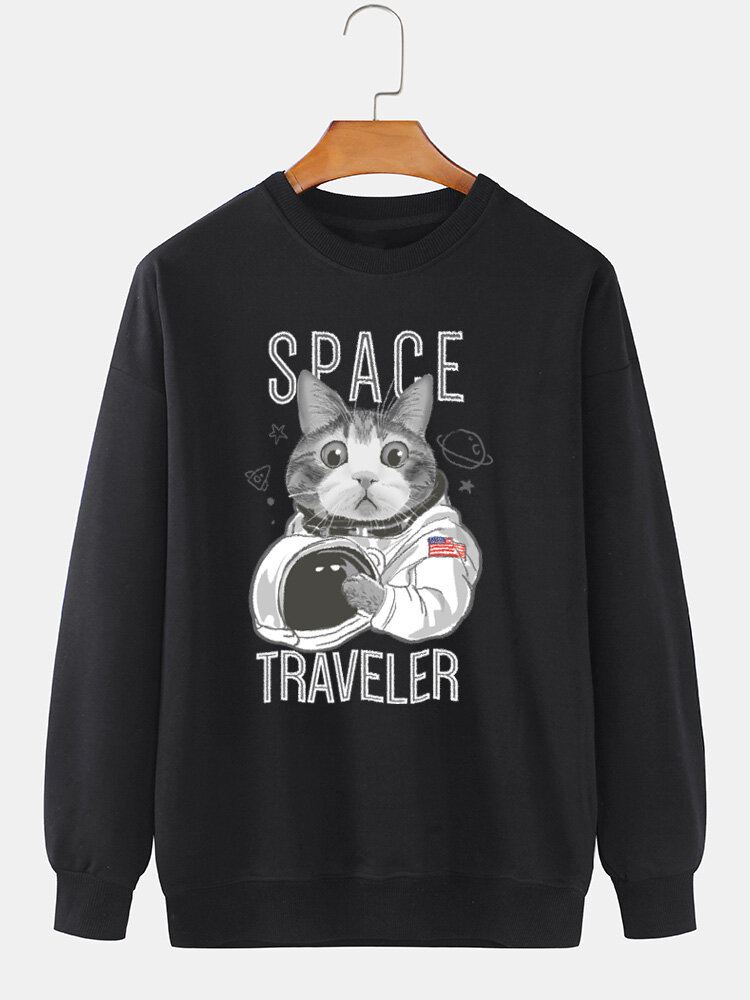 Miesten Space Cat Graphic Print Crew Neck Daily Pullover Puuvillainen Collegepaita