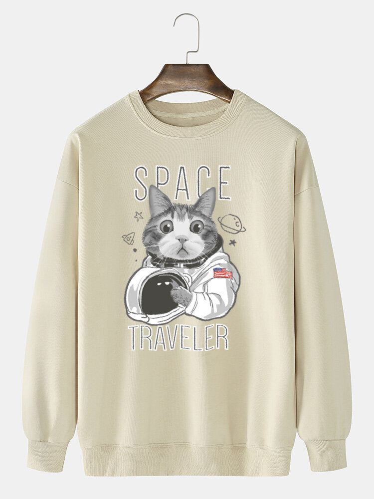 Miesten Space Cat Graphic Print Crew Neck Daily Pullover Puuvillainen Collegepaita