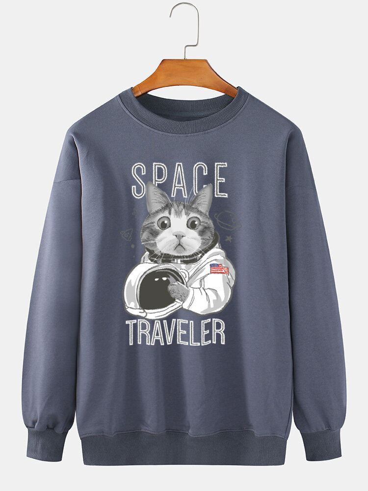 Miesten Space Cat Graphic Print Crew Neck Daily Pullover Puuvillainen Collegepaita