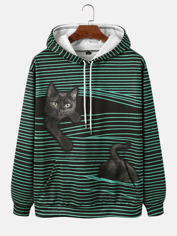 Miesten Stripe Black Cat Print Pitkähihaiset Hupparit Taskulla