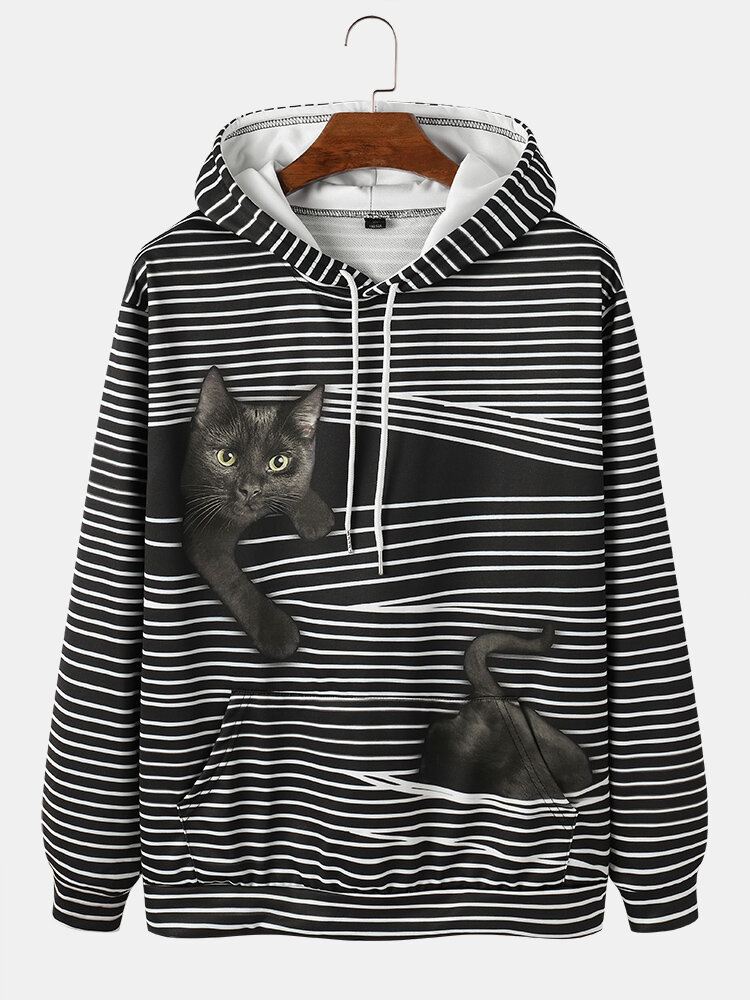 Miesten Stripe Black Cat Print Pitkähihaiset Hupparit Taskulla