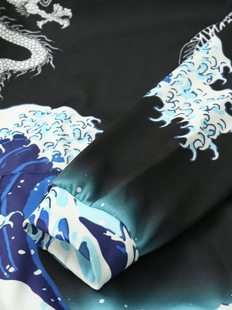 Miesten Tuulenpitävät Ukiyo-e Element Dragon Wave Pattern Mustat Hupparit