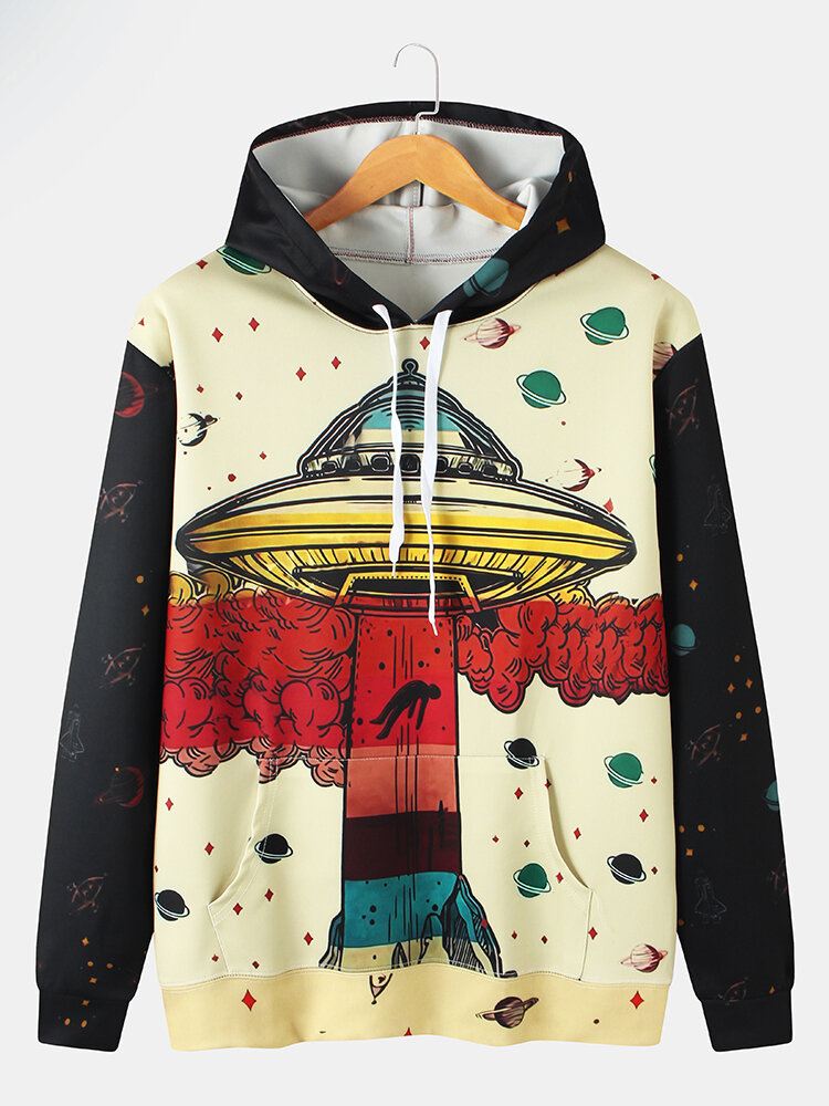 Miesten Ufo Planet Graffiti Print Kangaroo Pocket Design-hupparit