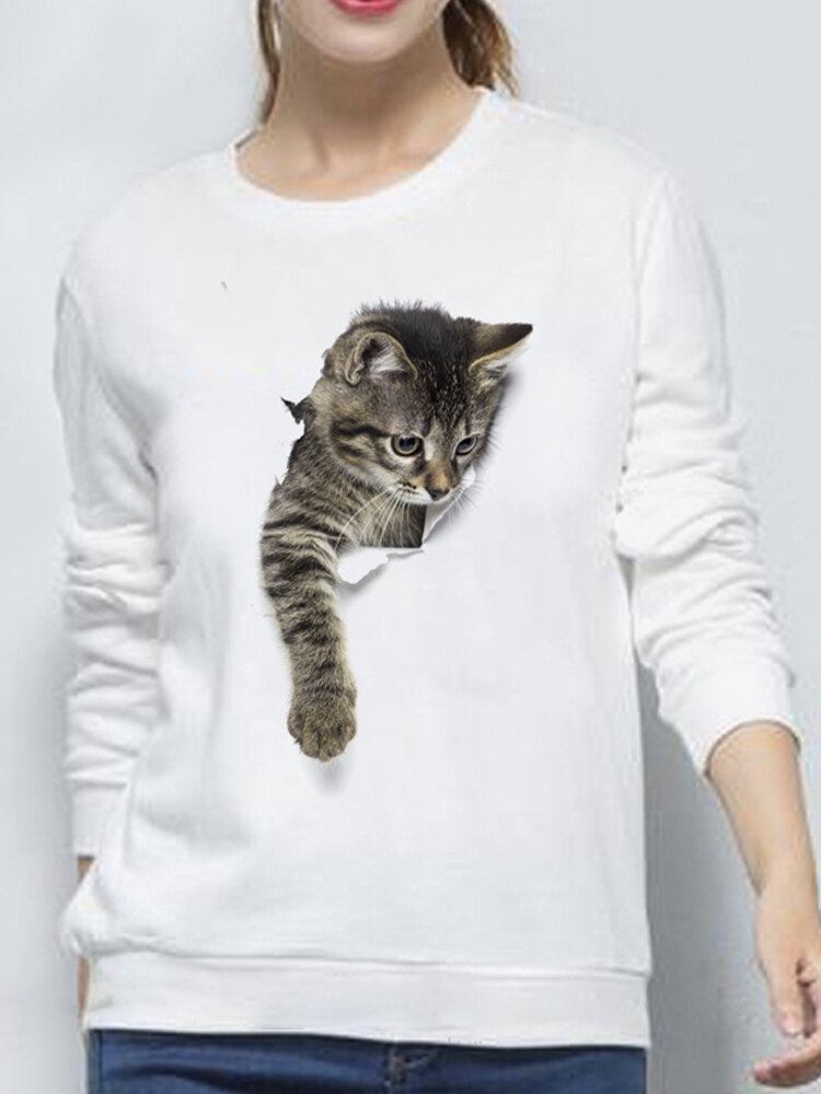 Naisten 3d Söpö Little Cat Print Crew Neck Rento Yksinkertainen Pitkähihainen Villapaita