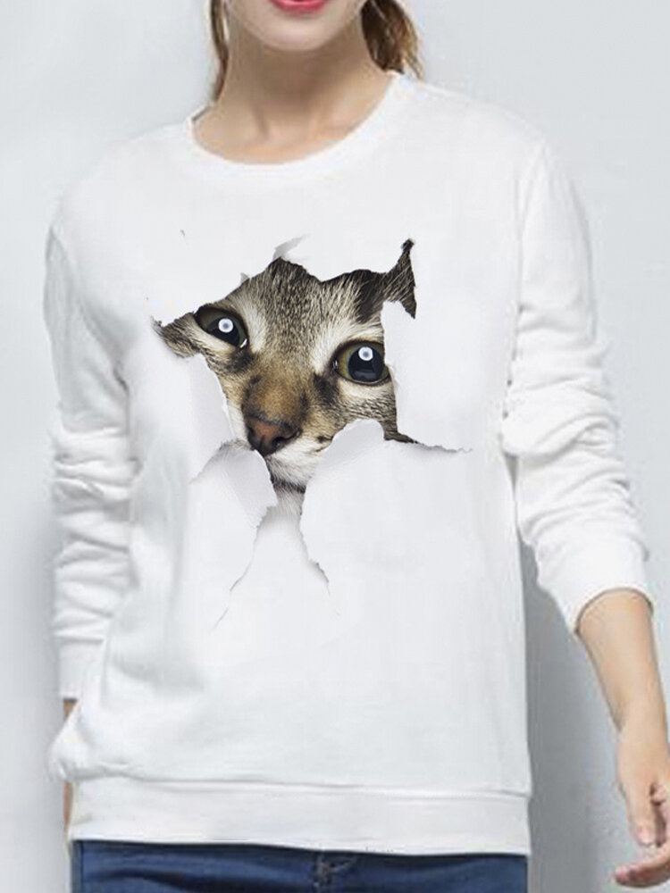 Naisten 3d Söpö Little Cat Print Crew Neck Rento Yksinkertainen Pitkähihainen Villapaita