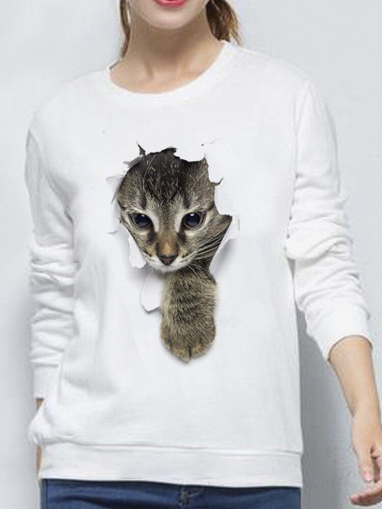 Naisten 3d Söpö Little Cat Print Crew Neck Rento Yksinkertainen Pitkähihainen Villapaita