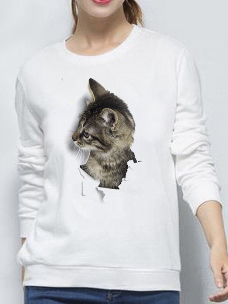 Naisten 3d Söpö Little Cat Print Crew Neck Rento Yksinkertainen Pitkähihainen Villapaita