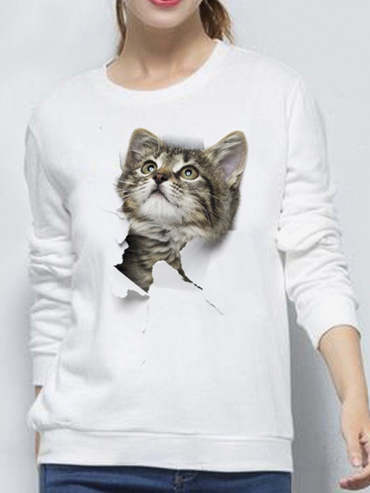 Naisten 3d Söpö Little Cat Print Crew Neck Rento Yksinkertainen Pitkähihainen Villapaita