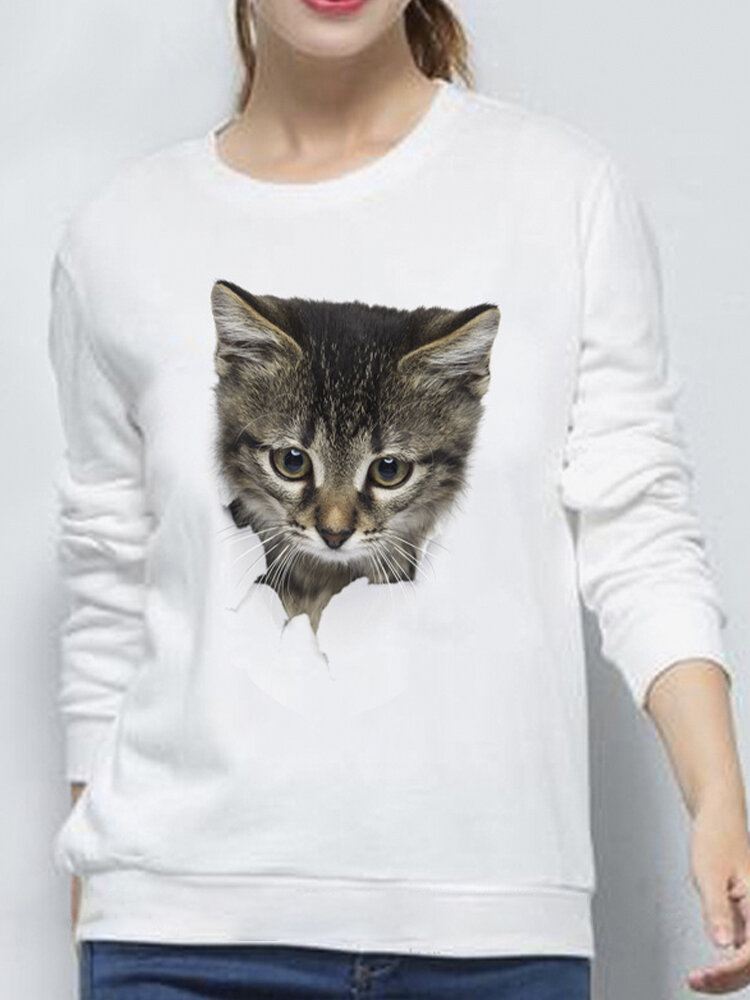 Naisten 3d Söpö Little Cat Print Crew Neck Rento Yksinkertainen Pitkähihainen Villapaita