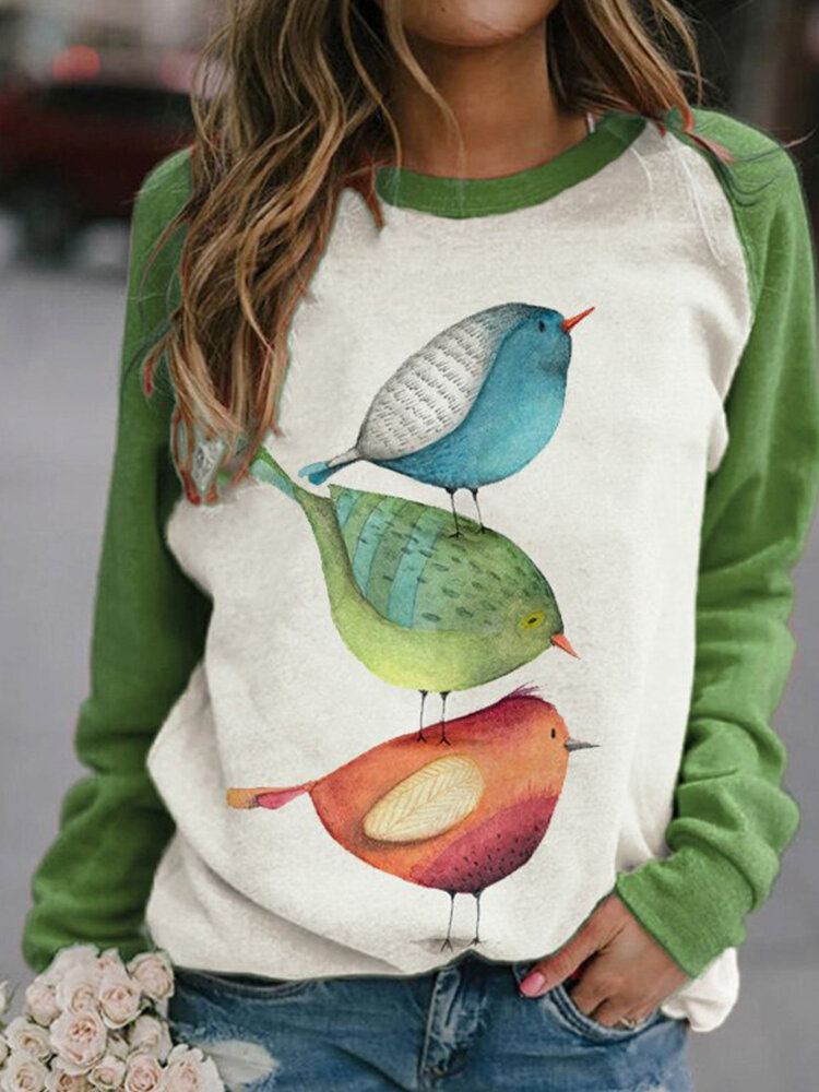 Naisten Sarjakuva Bird Print O-kaula Raglan Sleeves Pullover Puserot