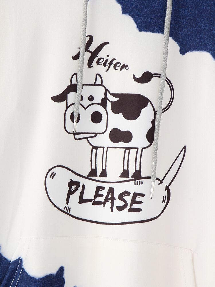 Naisten Sarjakuva Cow Contrast Print Pitkähihaiset Rento Kiristysnyörilliset Hupparit