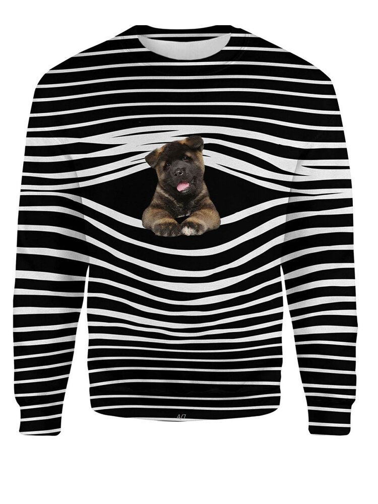 Naisten Stripe 3d Dog Print Pullover O-pääntie Pitkähihainen Rento Collegepaita