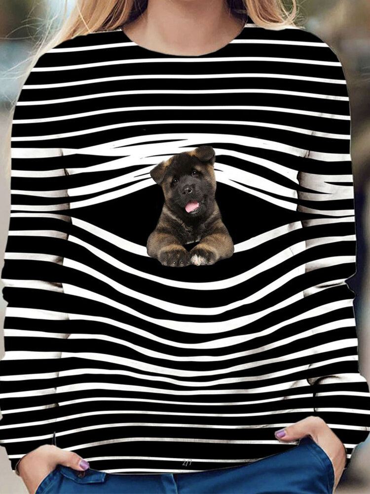 Naisten Stripe 3d Dog Print Pullover O-pääntie Pitkähihainen Rento Collegepaita