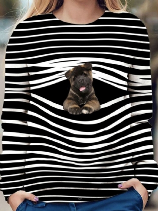 Naisten Stripe 3d Dog Print Pullover O-pääntie Pitkähihainen Rento Collegepaita