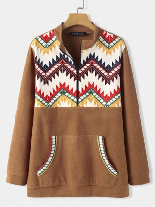Naisten Vintage Geometrinen Printti Puolivetoketjuiset Polar Fleece Sweatshirts Pussitaskulla