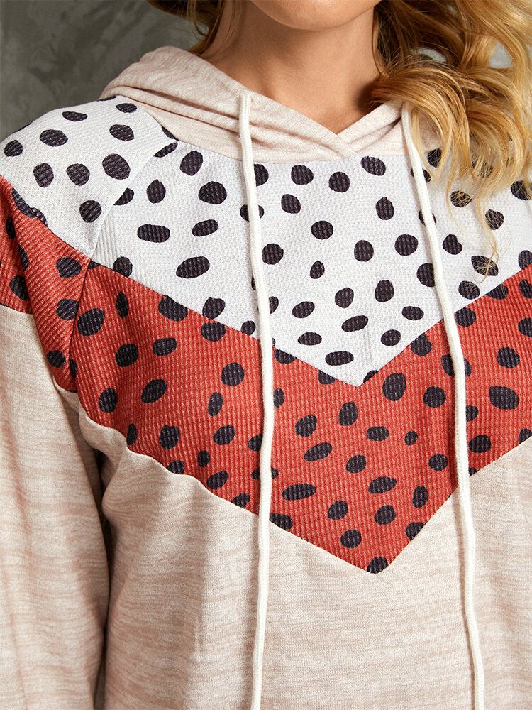 Polkadot Print Patchwork Rento Kiristysnyöri Pitkähihaiset Hupparit