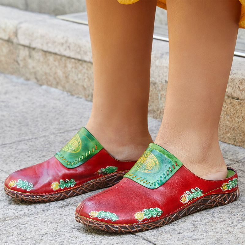 Aitoa Nahkaa Käsintehdyt Retro-etniset Kukka-slip-on Mukavat Suljetut Tossut