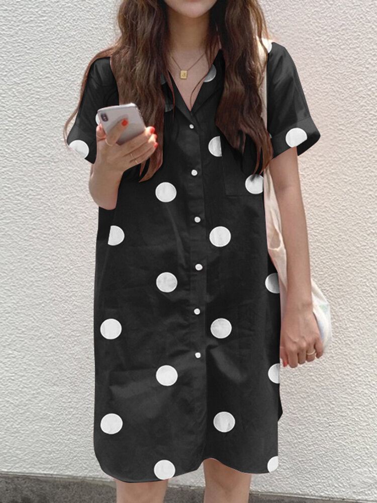 Cottagecore Polka Dot Pocket Button-paitamekko