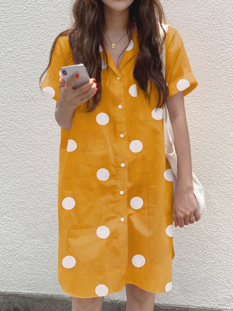 Cottagecore Polka Dot Pocket Button-paitamekko