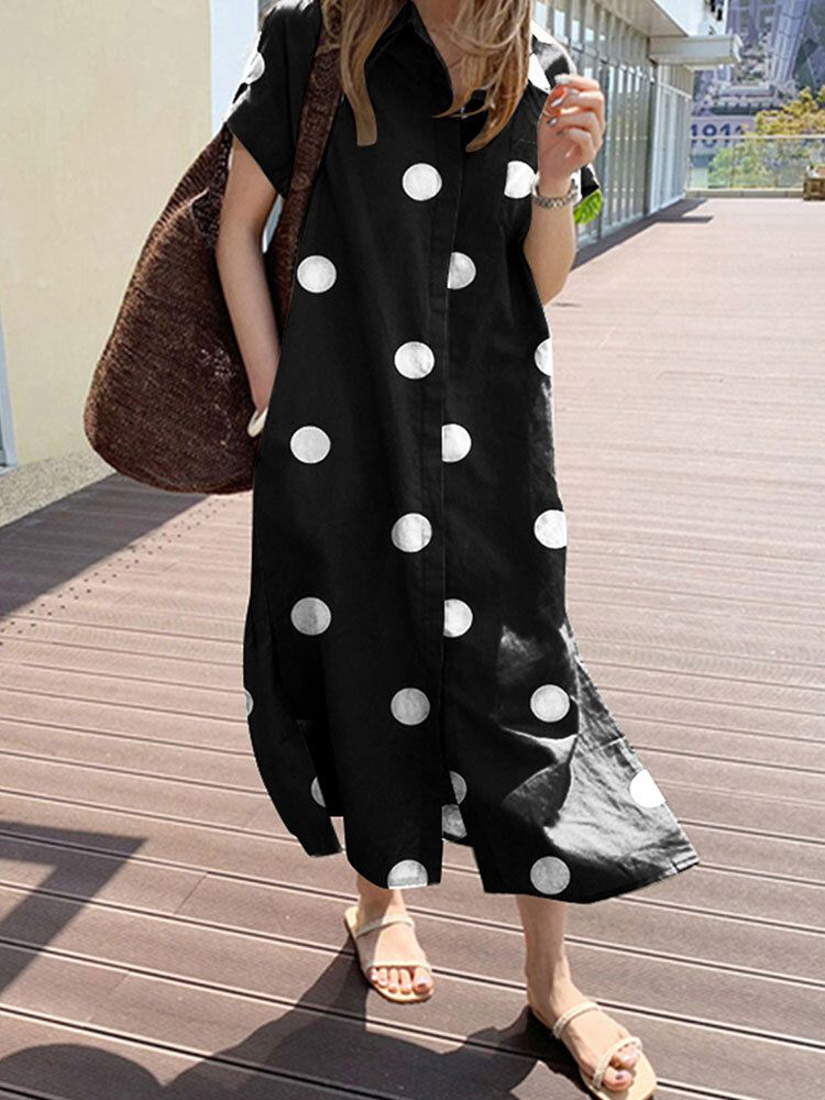 Cottagecore Polka Dot Pocket Lapel Lyhythihainen Paitamekko