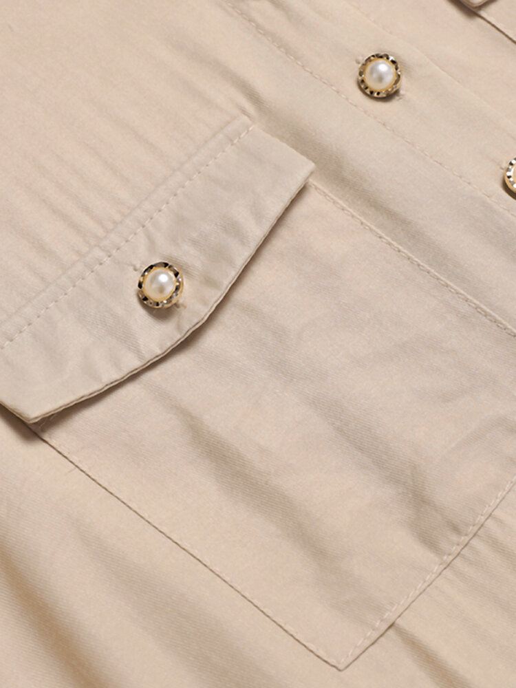 Solid Belt Pearl Button Pocket-pitkähihainen Paitamekko