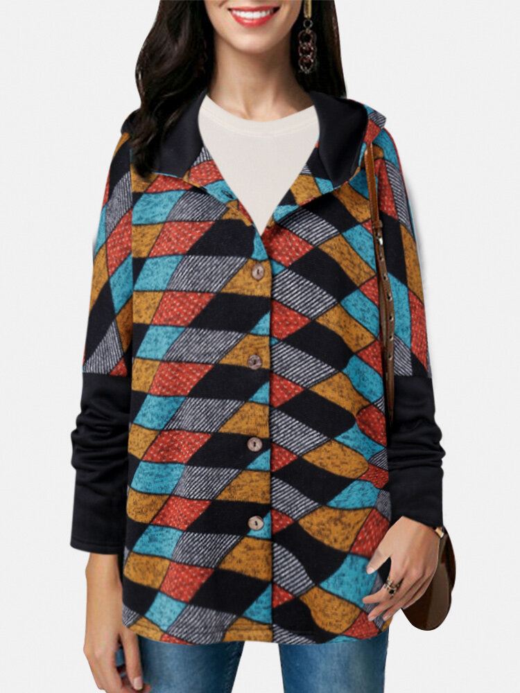 Naisten Vintage Geometric Color Block Print Patchwork Pitkähihaiset Hupulliset Takit