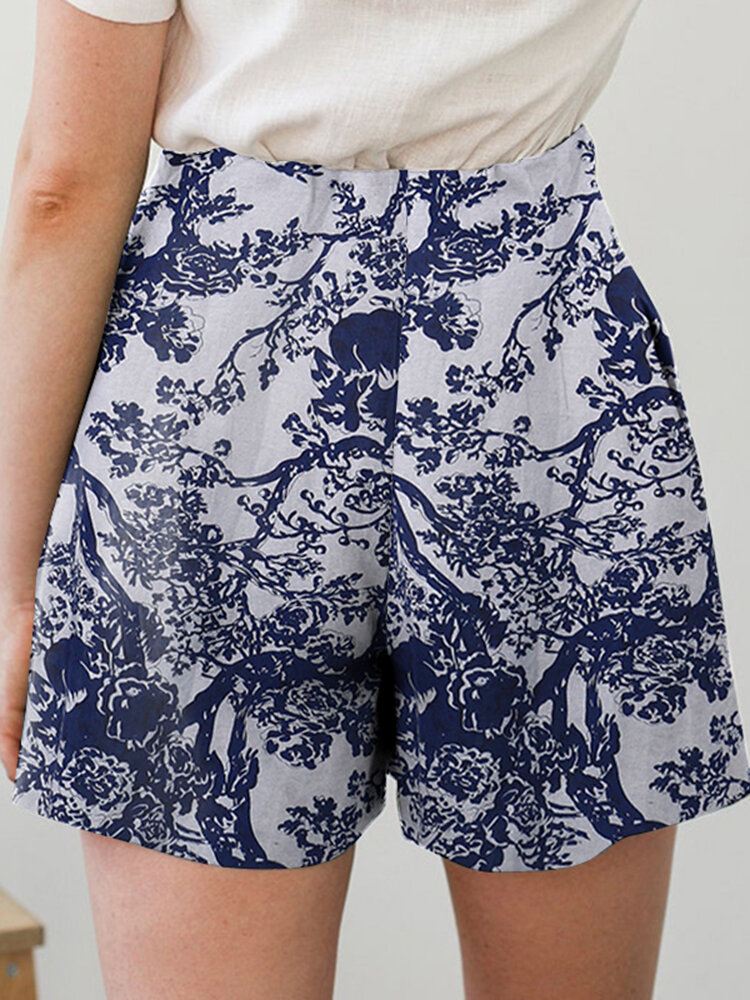 Cotton Plant Print Pocket Ruched Casual Shortsit