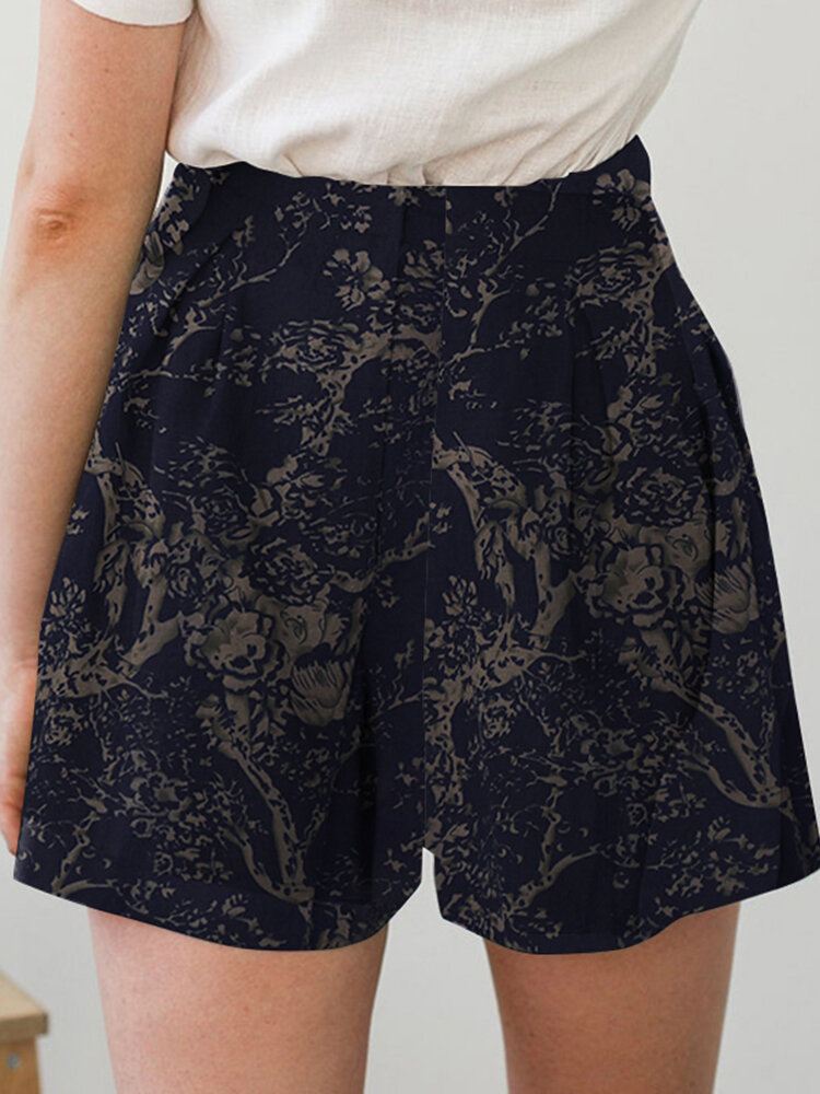 Cotton Plant Print Pocket Ruched Casual Shortsit