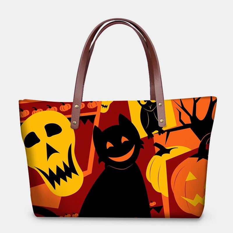 Naiset Pu Nahka Neopreeni Halloween Style Pumpkin Skull Festival Pattern Suuri Kapasiteetti Äitilaukku Opiskelijalaukku Olkalaukku Käsilaukku