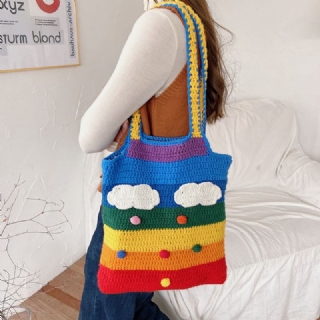 Naiset Rainbow Stripe Sarjakuva Söpö Rento Nuorten Villaneulottu laukku Käsilaukku Tote Crossbody Laukku