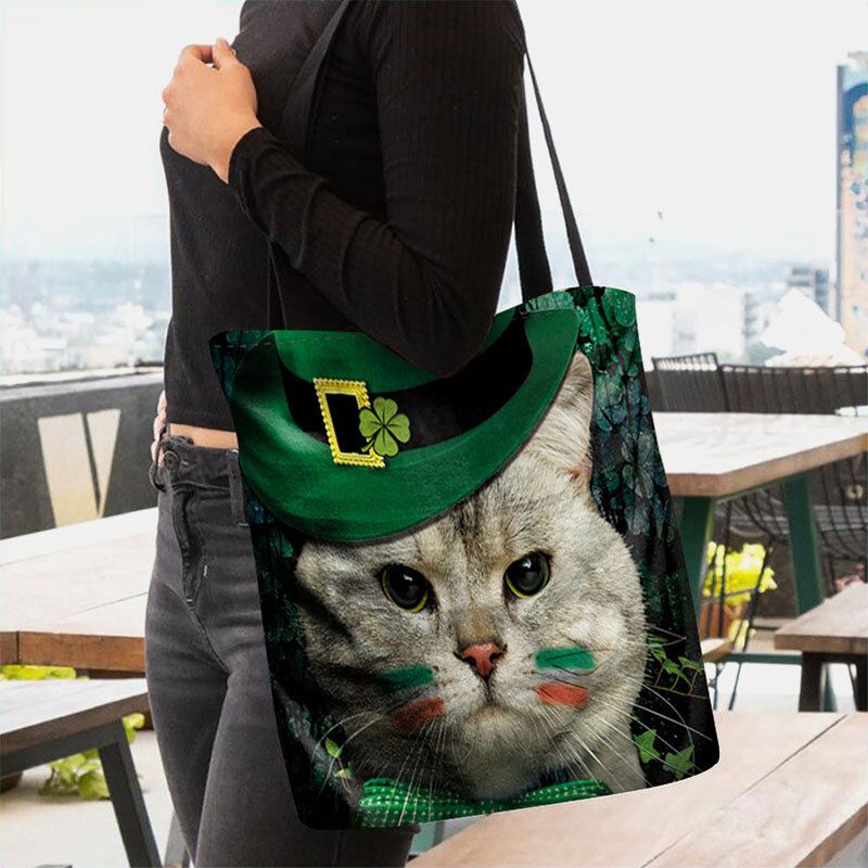 Naisten Clover Cat Pattern-tuloste Happy St Patrick Day Olkalaukku Käsilaukku Tote