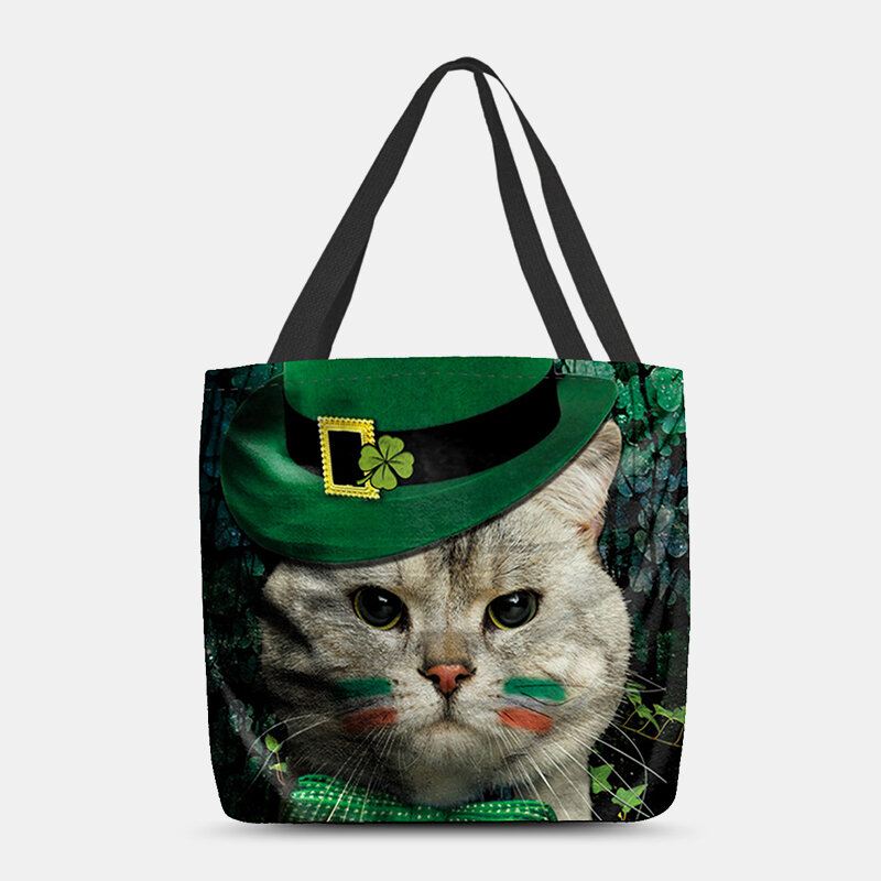 Naisten Clover Cat Pattern-tuloste Happy St Patrick Day Olkalaukku Käsilaukku Tote