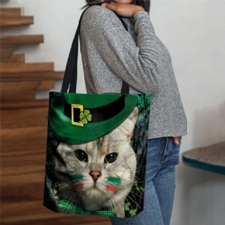 Naisten Clover Cat Pattern-tuloste Happy St Patrick Day Olkalaukku Käsilaukku Tote