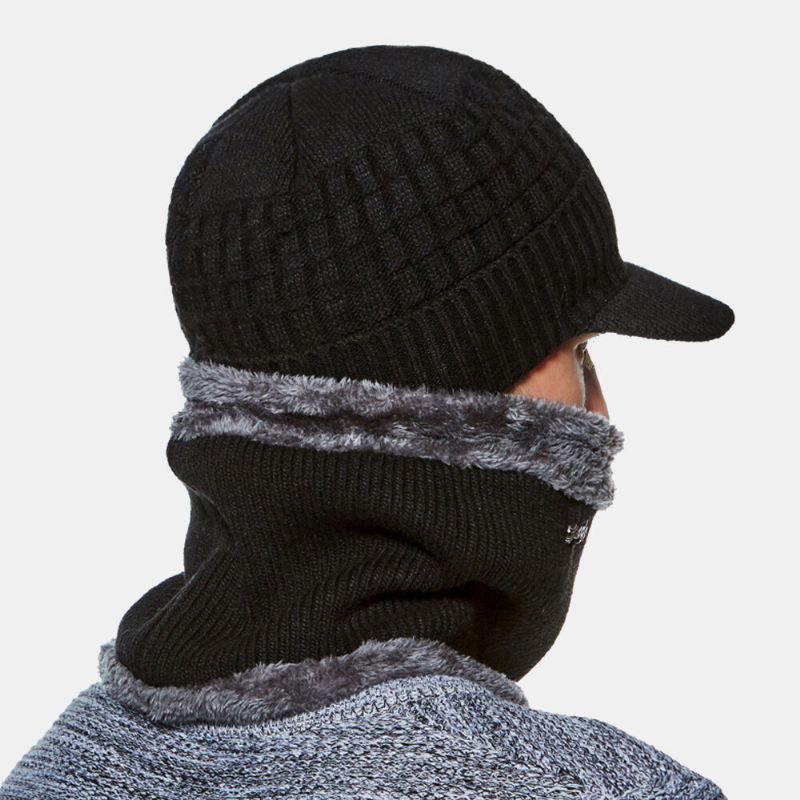 2 Kpl Miesten Talvi Plus Velvet Lämmin Cashmere Bonnet Neulotut Lippalakit Huivi Naamio Outdoor Wild Joustava Säädettävä Tuulenpitävä Pipo Skull Hat