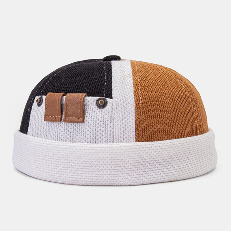 Collrown Miesten Polar Fleece Väri Block Tikkaus Dome Beanie Skull Cap Syksy Talvi Lämmin Säädettävä Nahka Solki Landlord Cap