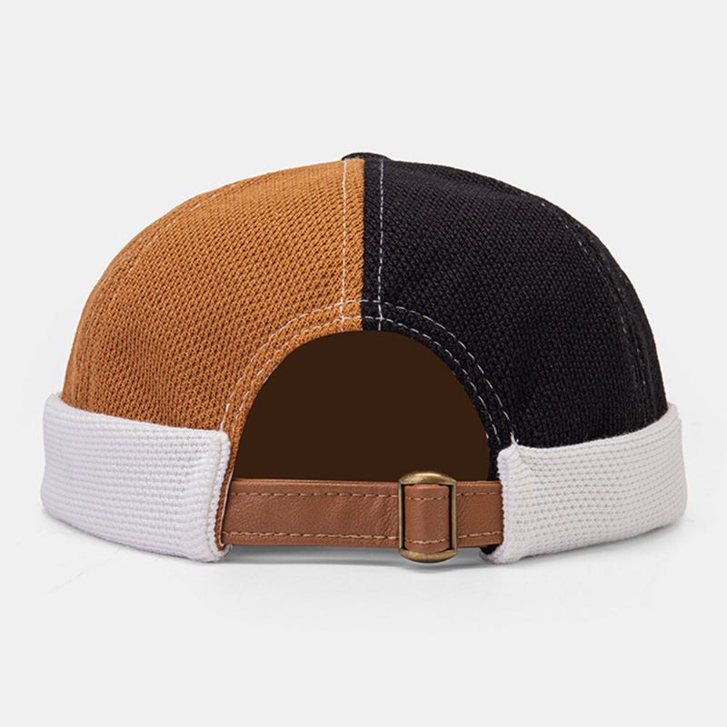 Collrown Miesten Polar Fleece Väri Block Tikkaus Dome Beanie Skull Cap Syksy Talvi Lämmin Säädettävä Nahka Solki Landlord Cap