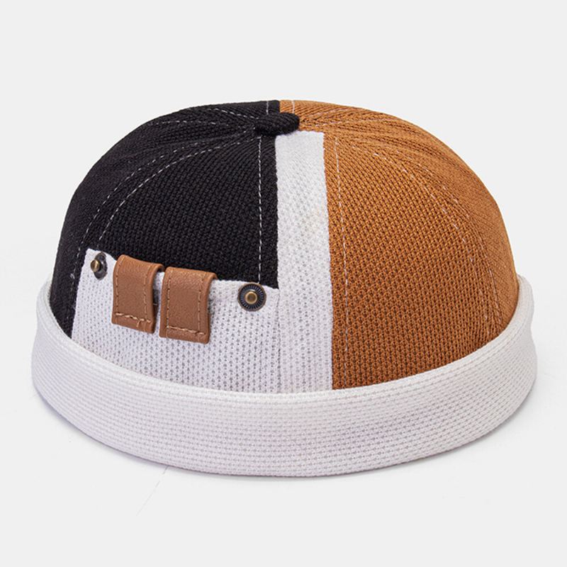 Collrown Miesten Polar Fleece Väri Block Tikkaus Dome Beanie Skull Cap Syksy Talvi Lämmin Säädettävä Nahka Solki Landlord Cap