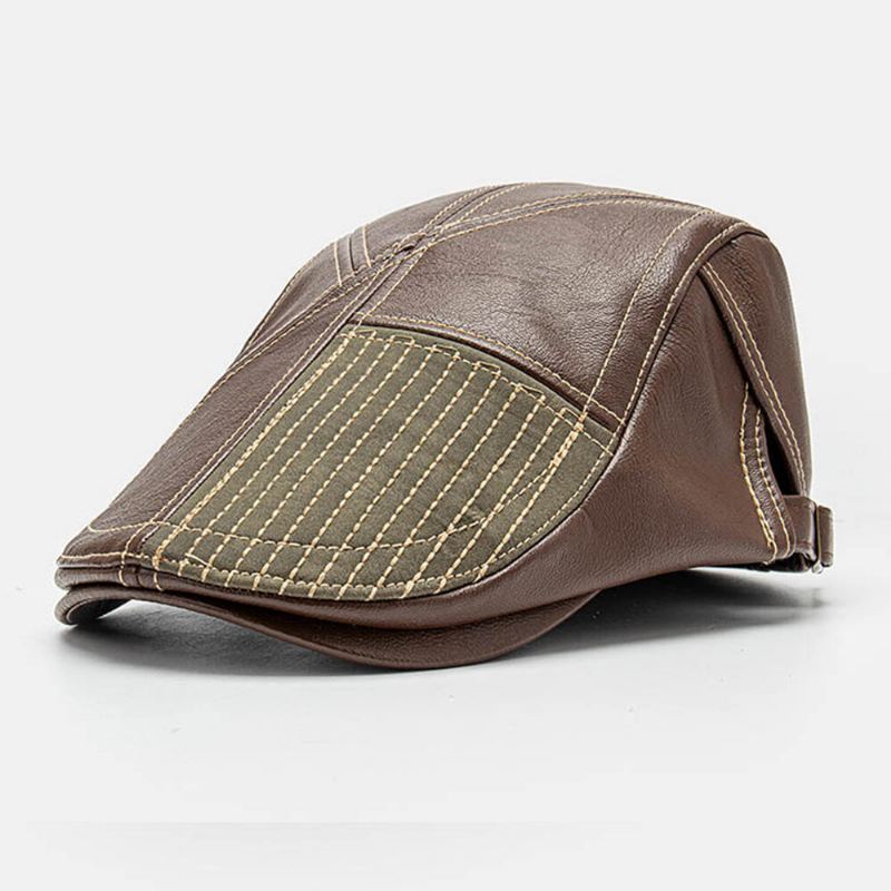 Collrown Miesten Pu Nahka Stitch Stripes Baretti Lippalakki Retro Säädettävä Laadukas Newsboy Cap Litteä Lippalakki