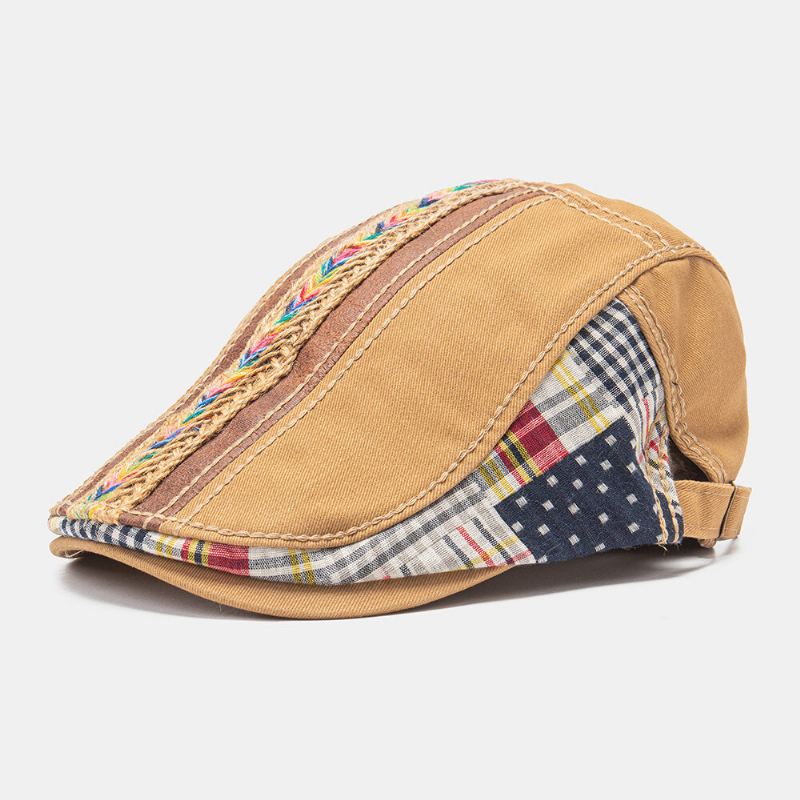 Collrown Unisex-puuvillapatchwork Sateenkaarenvärinen Kudottu Olkiköysi Koristeet Rento Kaikki Sopivat Baretti Litteä Lippalakki Ivy Cap