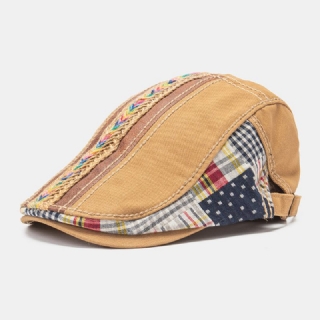 Collrown Unisex-puuvillapatchwork Sateenkaarenvärinen Kudottu Olkiköysi Koristeet Rento Kaikki Sopivat Baretti Litteä Lippalakki Ivy Cap