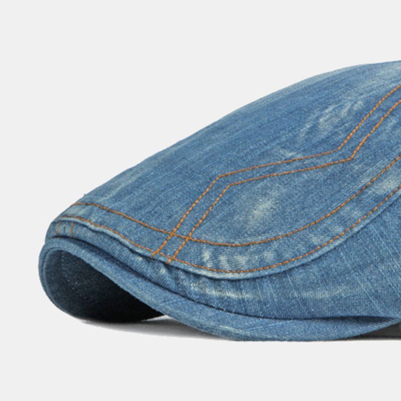 Miesten Sanomalehtipäällikkö Pesty Denim Kiinteät Päällysompeleet Ulkokäyttöön Hengittävä Aurinkosuoja Rento Vintage Eteenpäin Hattu Baretti Litteä Lippalakki