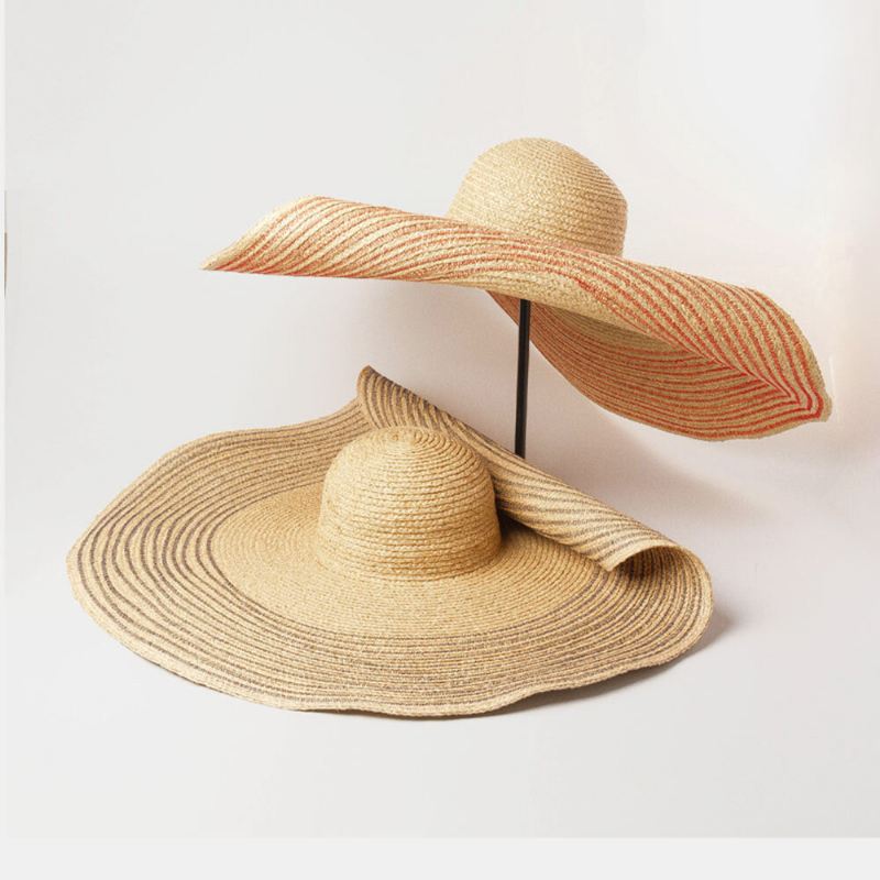 Nainen Käsintehty Wild Brim Visiiri Väri Raita Loma Beach Aurinkohattu Natural Raffia Rullattu Liri Olkihattu