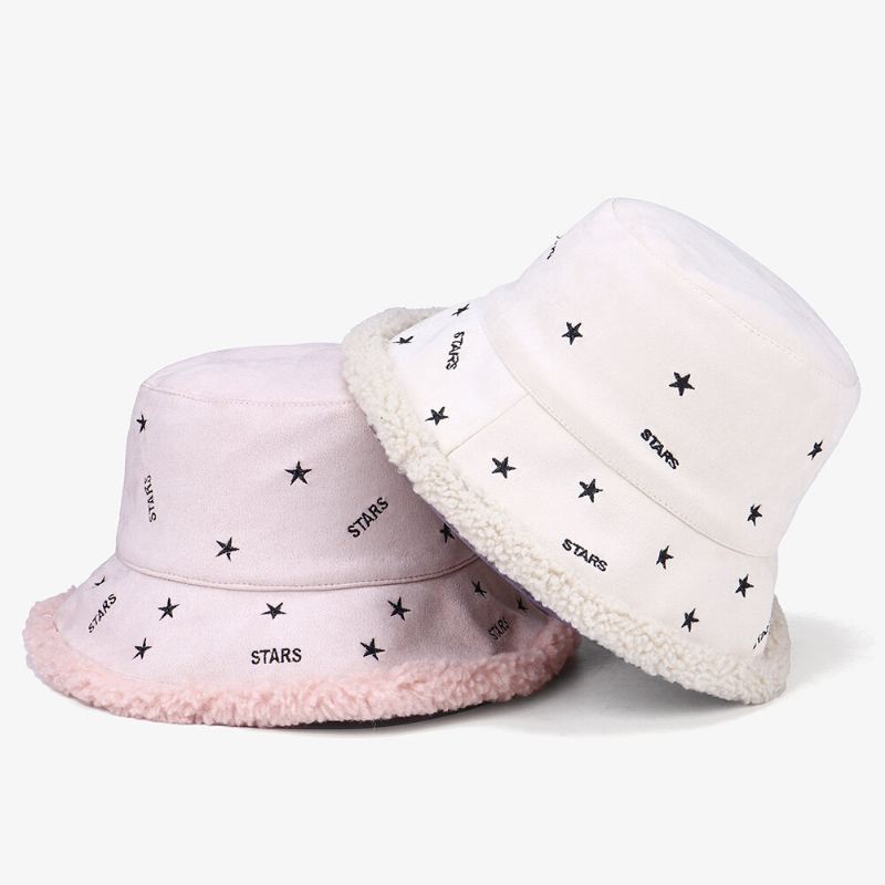 Naisten Kashmir Ja Mokkanahka Lämmin Pehmeä Kirjonta Stars Outdoor Bucket Hat