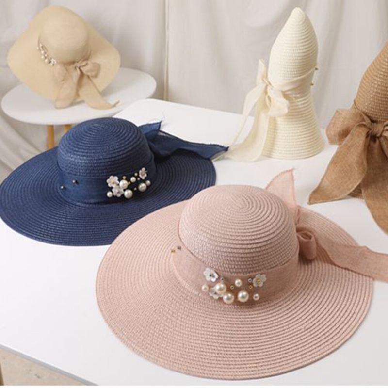 Naisten Olki Yksivärinen Elegantti Big Brim Pearl Bowknot Aaltoileva Reuna Visiiri Aurinkohattu Beach Hat Bucket Hat