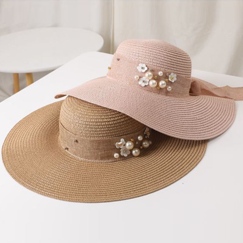 Naisten Olki Yksivärinen Elegantti Big Brim Pearl Bowknot Aaltoileva Reuna Visiiri Aurinkohattu Beach Hat Bucket Hat