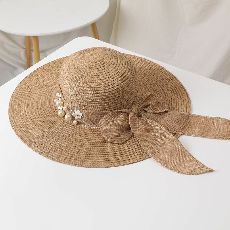 Naisten Olki Yksivärinen Elegantti Big Brim Pearl Bowknot Aaltoileva Reuna Visiiri Aurinkohattu Beach Hat Bucket Hat