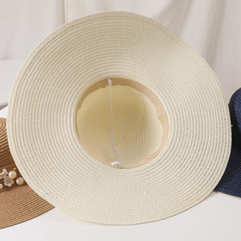 Naisten Olki Yksivärinen Elegantti Big Brim Pearl Bowknot Aaltoileva Reuna Visiiri Aurinkohattu Beach Hat Bucket Hat